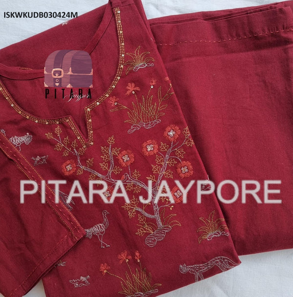 Embroidered Linen Cotton Kurti With Pant-ISKWKUDB030424B/DB030424M/DB030424K