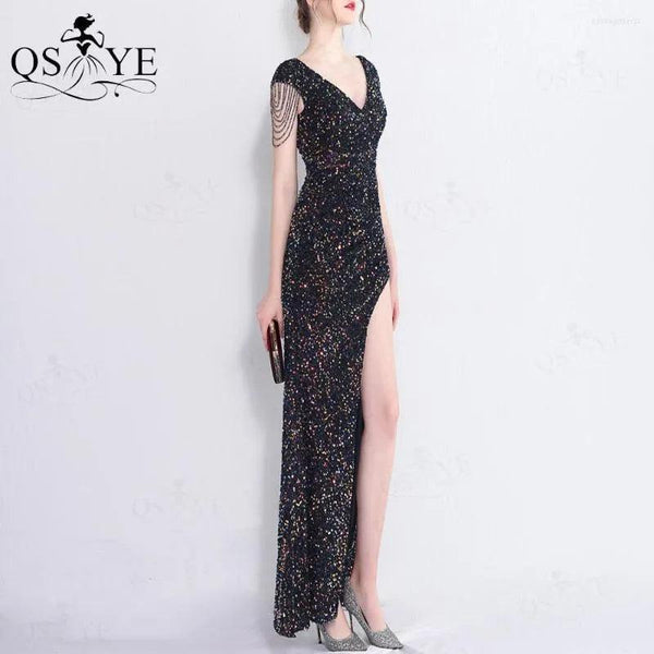 Party Dresses Colorful Black Sequin Prom Open Split Evening Gown Beading Straps Sleeves Backless Women V Neck Formal Dress Chic - Ishaanya