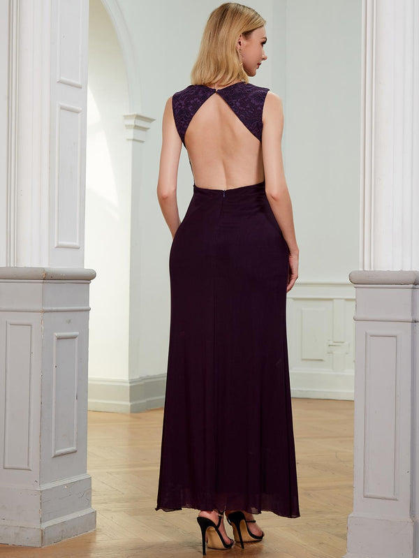 Wedding Party Gown Plunge V Neck Backless Beading Lace Evening Dresses Purple 529 - Ishaanya