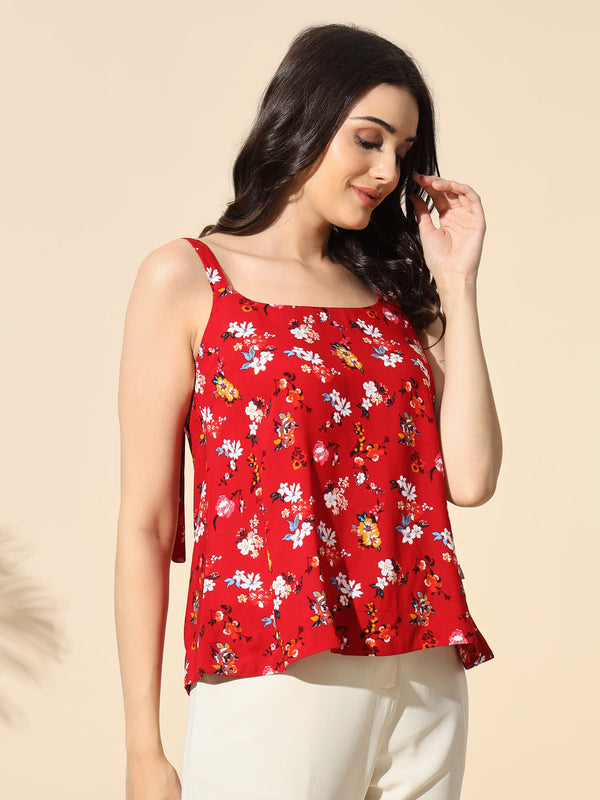 Red Printed Viscose Strap Top- #TP002-Red