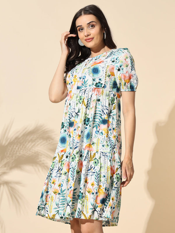 Printed Viscose Tunic With Tassel and Cotton Lace-#TU012- White