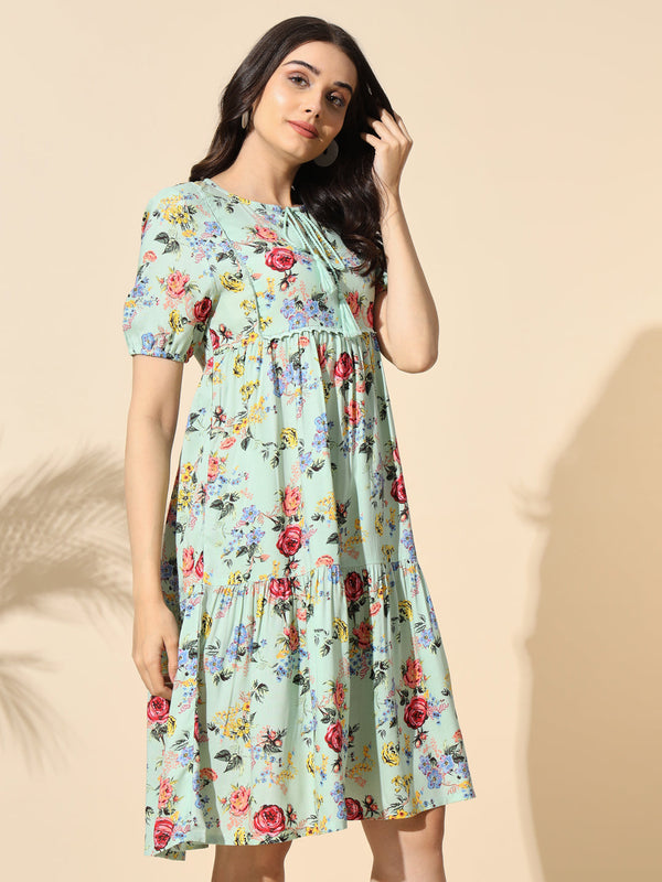 Printed Viscose Tunic With Tassel and Cotton Lace- #TU012- Green