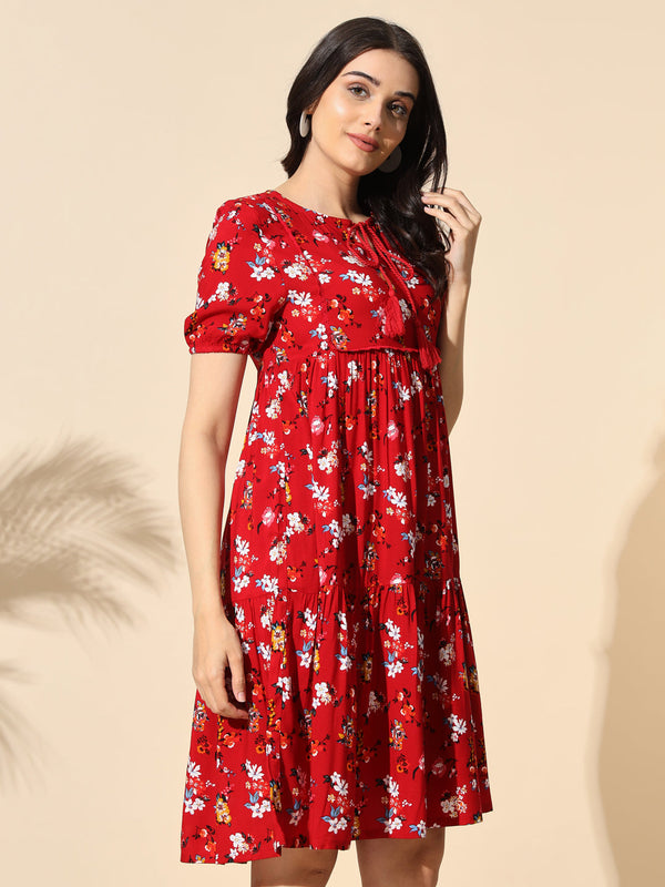 Printed Viscose Tunic With Tassel and Cotton Lace- #TU012-Red