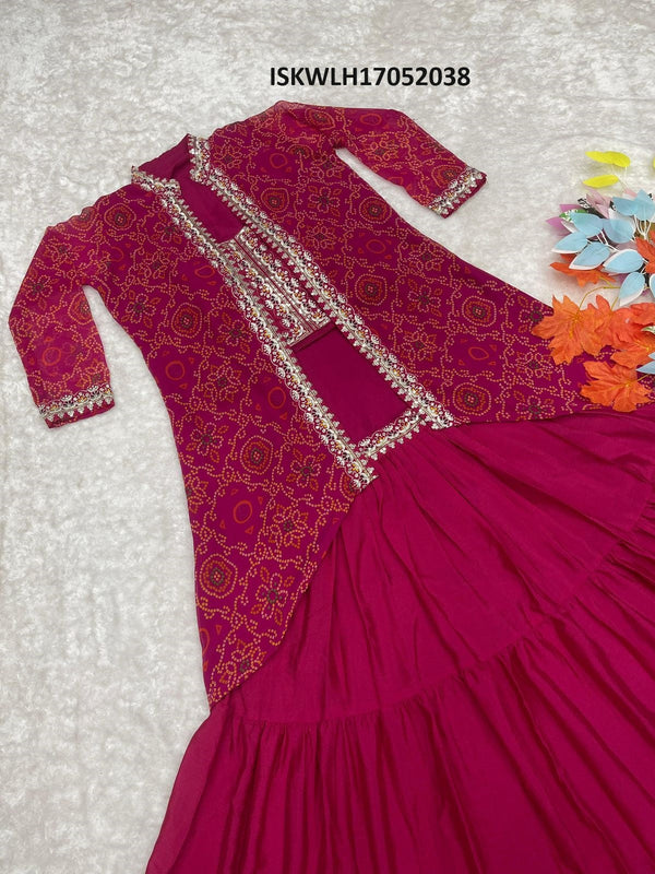 Embroidered Chinon Lehenga With Blouse And Bandhej Printed Shrug-ISKWLH17052038