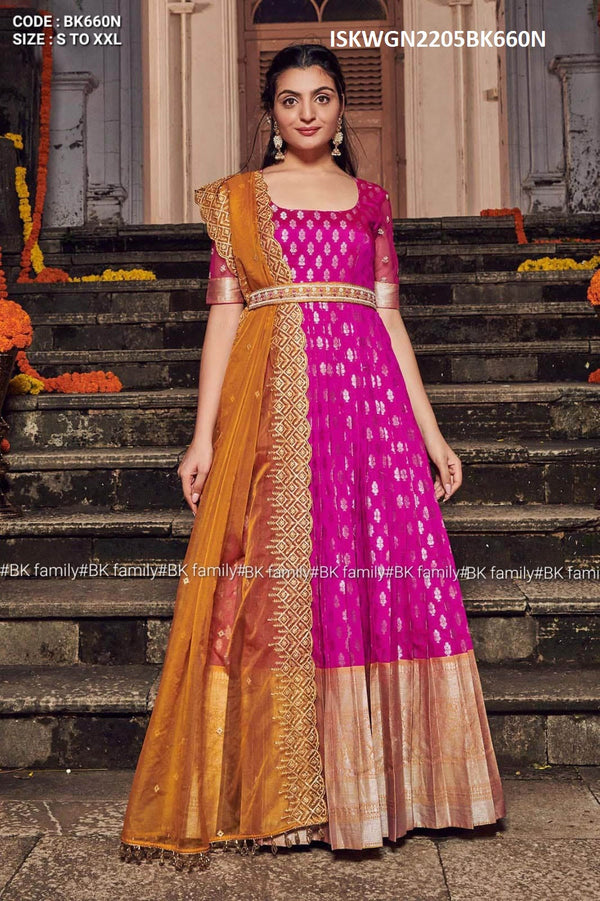 Embroidered Banarasi Silk Gown With Organza Dupatta-ISKWGN2205BK660N