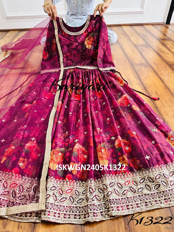 Printed Silk Padded Gown With Dupatta-ISKWGN2405k1322