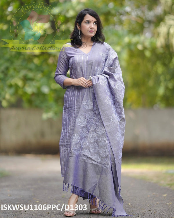 Embroidered Cotton Silk Kurti With Pant And Dupatta-ISKWSU1106PPC/D1303