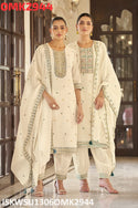 Embroidered Cotton Jacquard Kurti With Afghani Pant And Malmal Cotton Dupatta-ISKWSU1306OMK2944