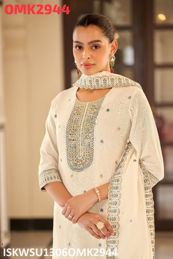 Embroidered Cotton Jacquard Kurti With Afghani Pant And Malmal Cotton Dupatta-ISKWSU1306OMK2944