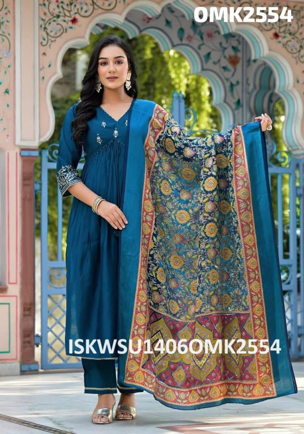 Maslin Silk Anarkali Kurti With Pant And Printed Brasso Dupatta-ISKWSU1406OMK2554