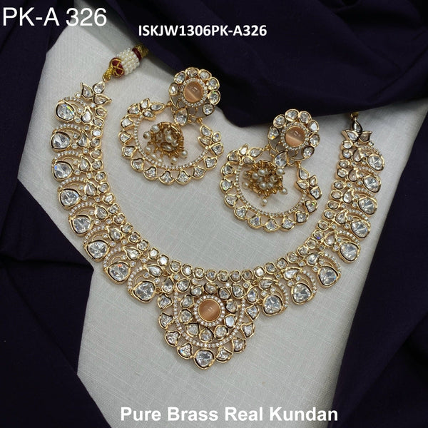 Pure Brass Real Kundan Necklace Set-ISKJW1306PK-A326