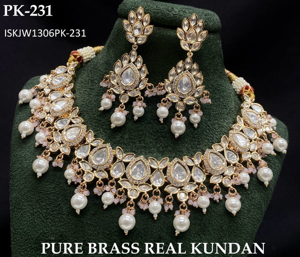 Pure Brass Real Kundan Necklace Set-ISKJW1306PK-231