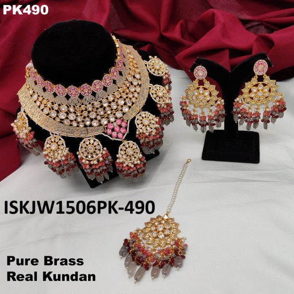 Pure Brass Real Kundan Necklace Set-ISKJW1506PK-490