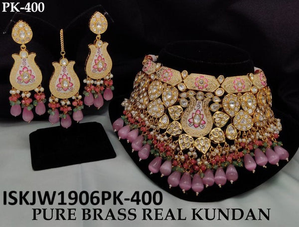 Pure Brass Real Kundan Necklace Set-ISKJW1906PK-400
