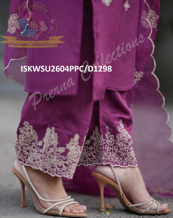 Embroidered Silk Kurti With Pant And Organza Dupatta-ISKWSU2606PPC/D1298