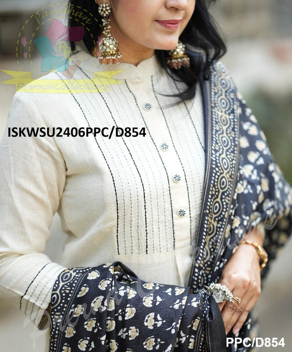 Handloom Khadi Cotton Kurti With Pleated Gulnar Pant And Printed Khadi Silk Dupatta-ISKWSU2406PPC/D854