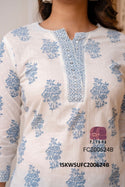 Block Printed Dobby Cotton Kurti With Pant And Dupatta-ISKWSUFC200624G/FC200624P/FC200624B