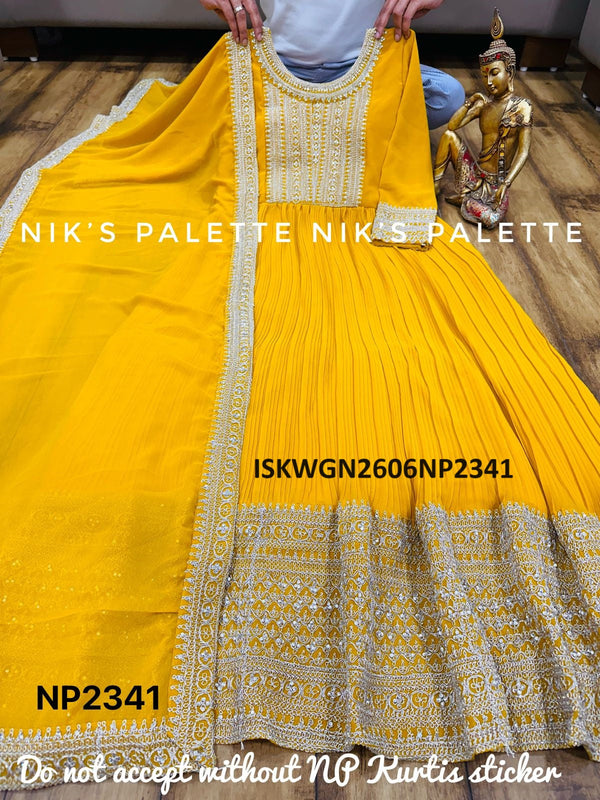 Embroidered Georgette Pleated Gown With Dupatta-ISKWGN2606NP2341