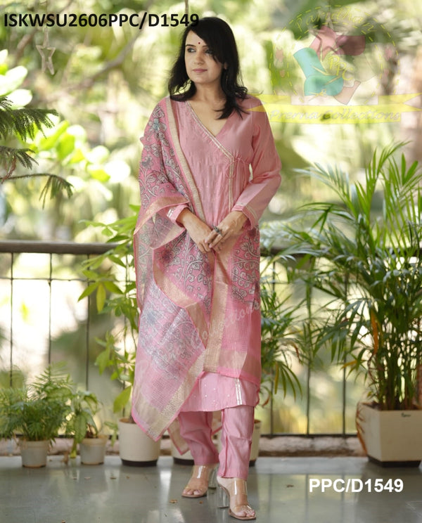 Chanderi Silk A-Line Kurti With Silk Pant And Kalamkari Printed Dupatta-ISKWSU2606PPC/D1549