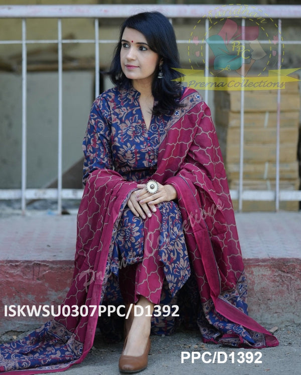 Kalamkari Printed Cotton Kurti With Pant And Malmal Cotton Dupatta-ISKWSU0307PPC/D1392