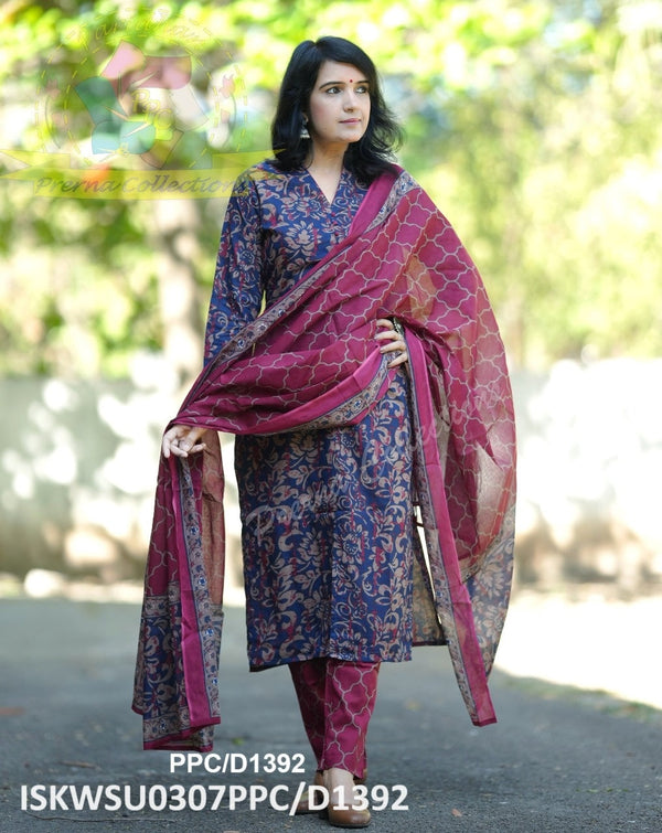 Kalamkari Printed Cotton Kurti With Pant And Malmal Cotton Dupatta-ISKWSU0307PPC/D1392