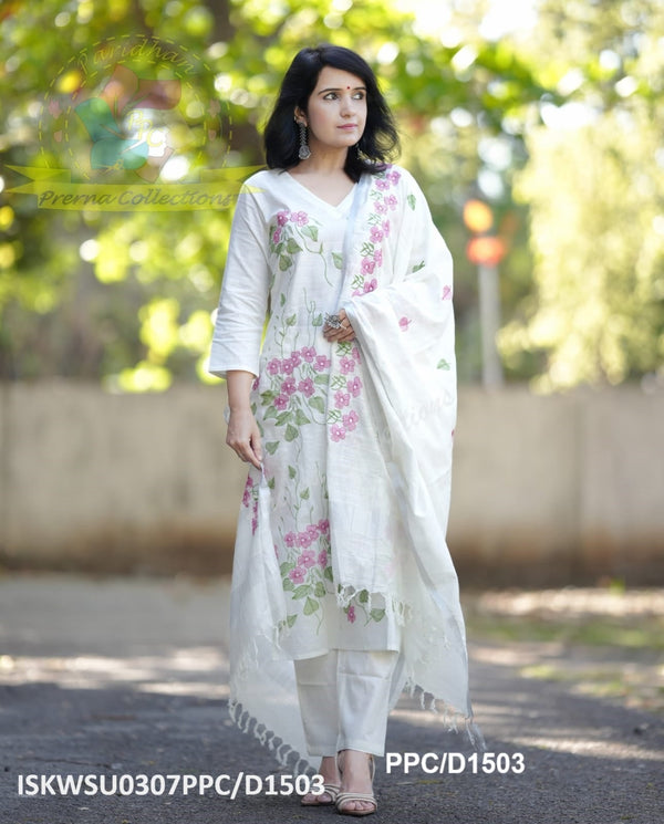 Handloom Cotton Kurti With Cotton Pant And Embroidered Dupatta-ISKWSU0307PPC/D1503
