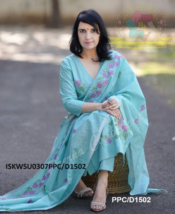 Handloom Cotton Kurti With Cotton Pant And Embroidered Dupatta-ISKWSU0307PPC/D1502