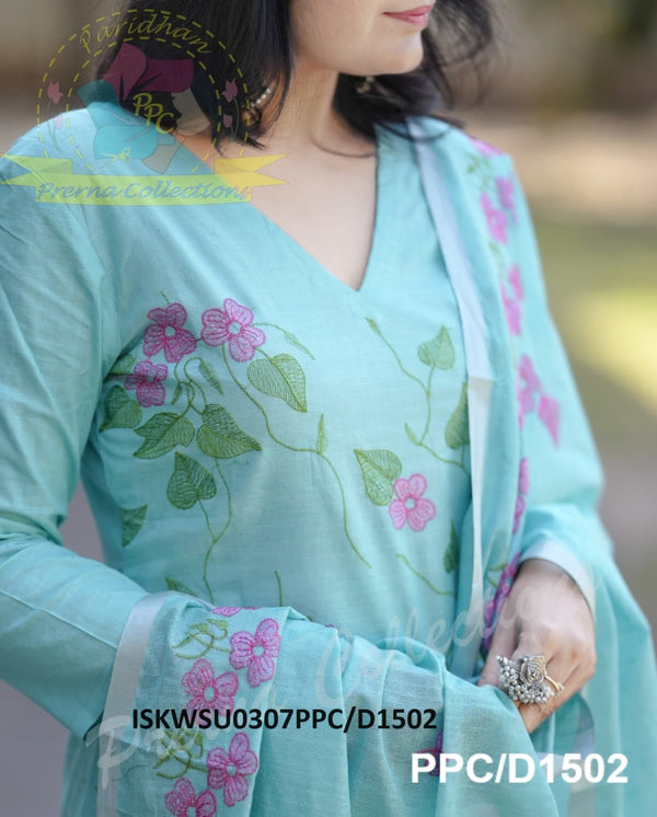 Handloom Cotton Kurti With Cotton Pant And Embroidered Dupatta-ISKWSU0307PPC/D1502