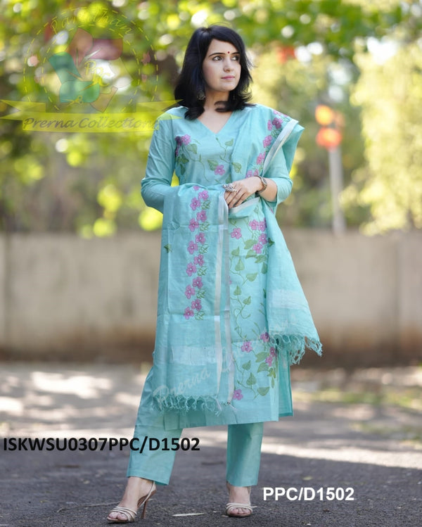 Handloom Cotton Kurti With Cotton Pant And Embroidered Dupatta-ISKWSU0307PPC/D1502