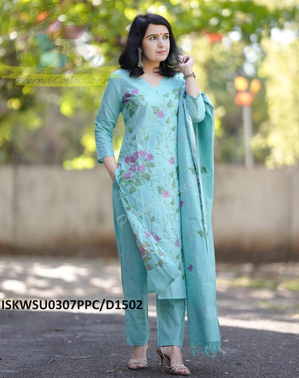 Handloom Cotton Kurti With Cotton Pant And Embroidered Dupatta-ISKWSU0307PPC/D1502