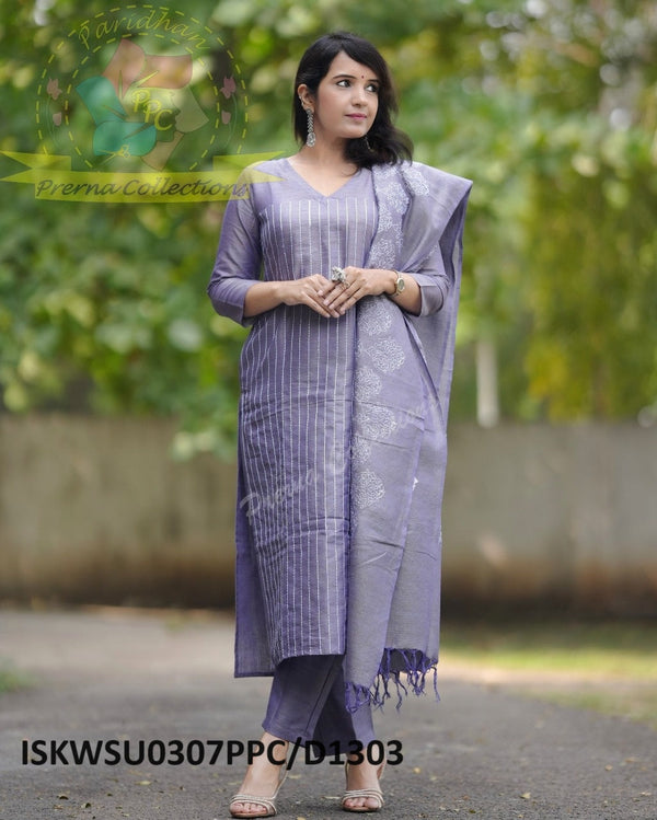 Embroidered Cotton Silk Kurti With Pant And Dupatta-ISKWSU0307PPC/D1303