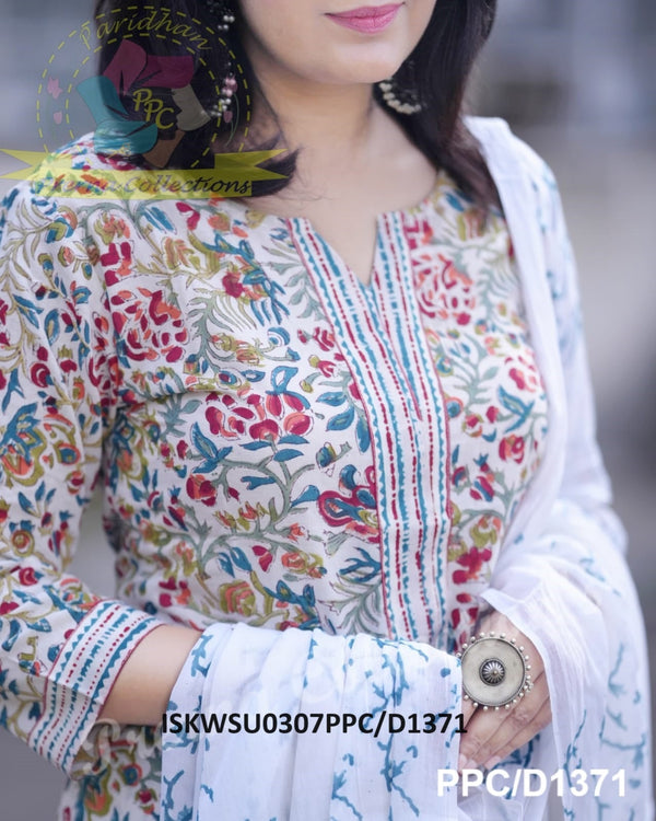 Hand Block Kalamkari Printed Cotton Kurti With Pant And Malmal Cotton Dupatta-ISKWSU0307PPC/D1371