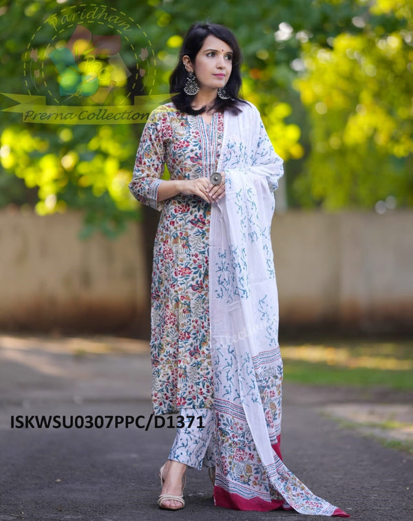 Hand Block Kalamkari Printed Cotton Kurti With Pant And Malmal Cotton Dupatta-ISKWSU0307PPC/D1371