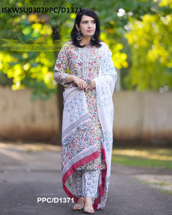 Hand Block Kalamkari Printed Cotton Kurti With Pant And Malmal Cotton Dupatta-ISKWSU0307PPC/D1371