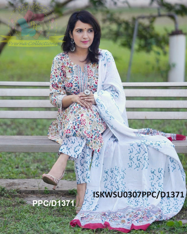 Hand Block Kalamkari Printed Cotton Kurti With Pant And Malmal Cotton Dupatta-ISKWSU0307PPC/D1371