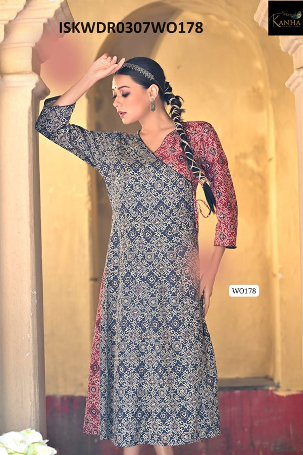 Ajrakh Hand Block Printed Cotton Dress-ISKWDR0307WO178