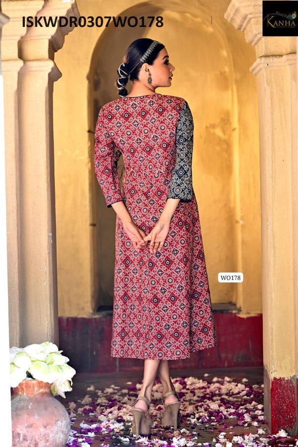 Ajrakh Hand Block Printed Cotton Dress-ISKWDR0307WO178