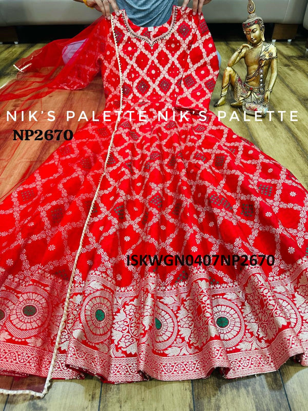 Banarasi Weaved Silk Gown With Net Dupatta-ISKWGN0407NP2670