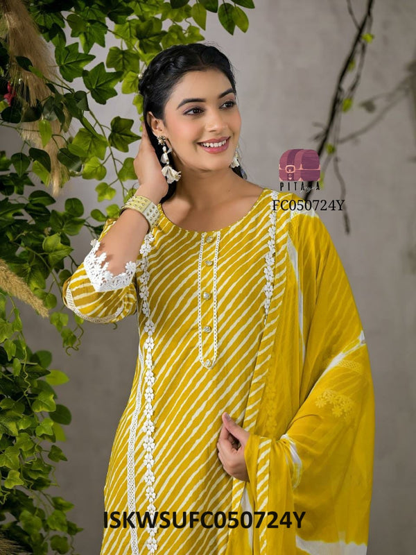 Lehariya Printed Cotton Kurti With Pant And Dupatta-ISKWSUFC050724R/FC050724Y