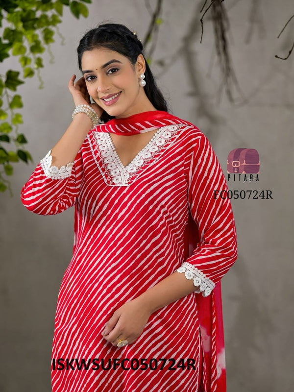 Lehariya Printed Cotton Kurti With Pant And Dupatta-ISKWSUFC050724R/FC050724Y