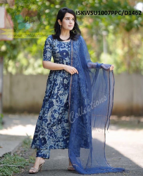 Indigo Printed Cotton Anarkali Kurti With Pant And Kota Doriya Dupatta-ISKWSU1007PPC/D1462