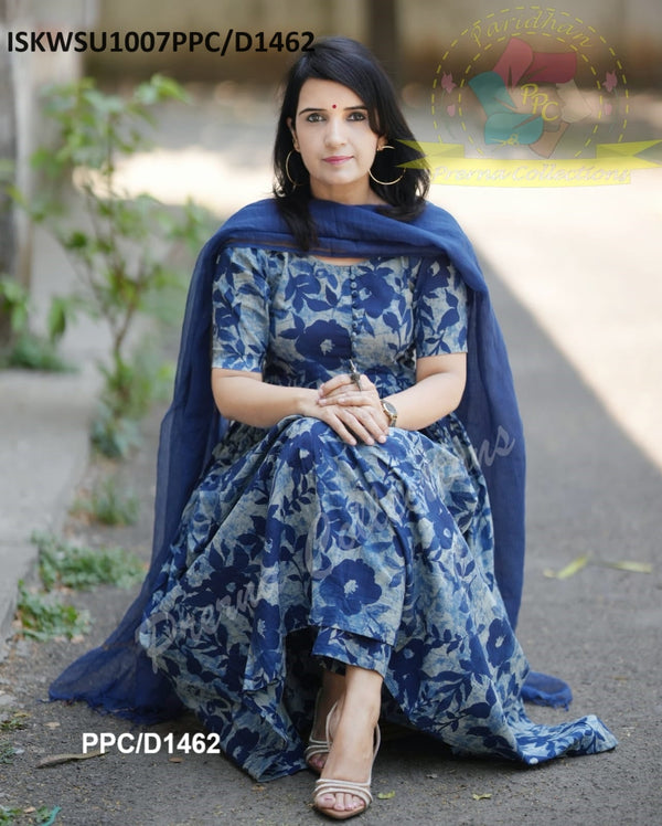 Indigo Printed Cotton Anarkali Kurti With Pant And Kota Doriya Dupatta-ISKWSU1007PPC/D1462