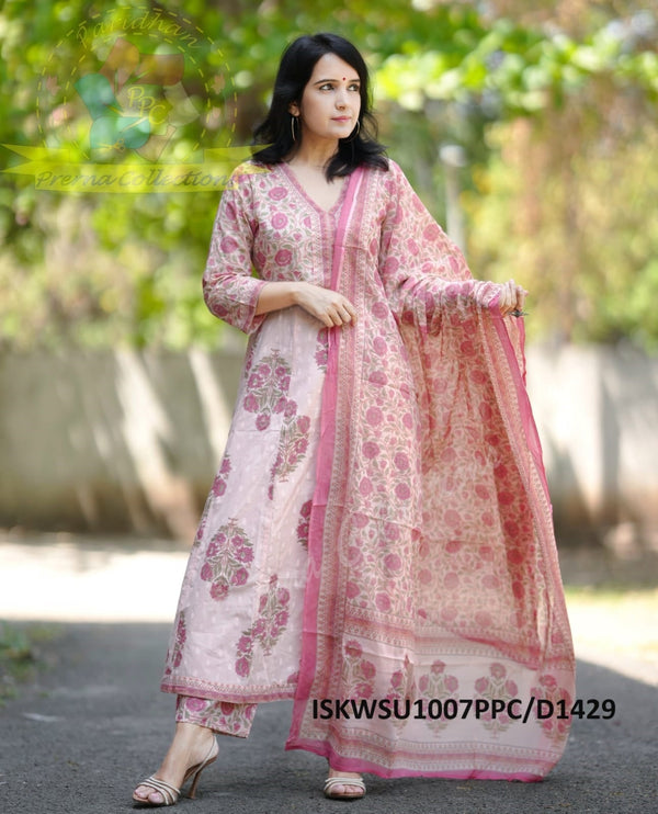 Mughal Printed Cotton Anarkali Kurti With Pant And Malmal Cotton Dupatta-ISKWSU1007PPC/D1429