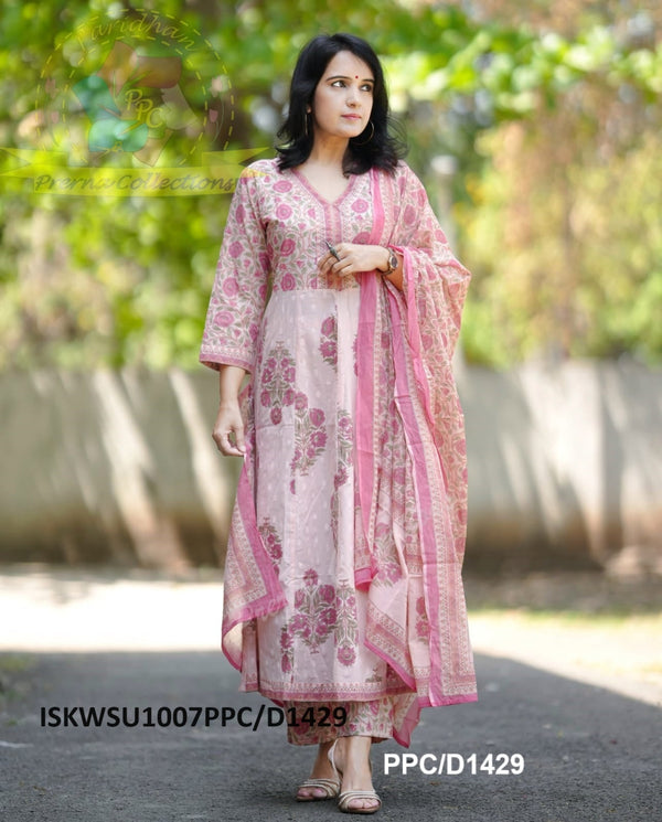 Mughal Printed Cotton Anarkali Kurti With Pant And Malmal Cotton Dupatta-ISKWSU1007PPC/D1429