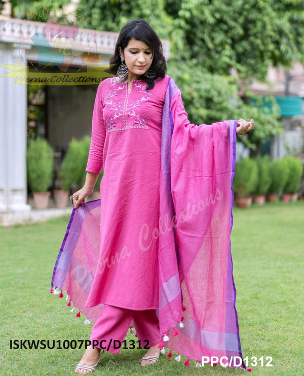 Handloom Cotton Kurti With Pant And Linen Dupatta-ISKWSU1007PPC/D1312