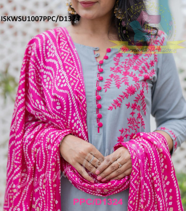 Handloom Cotton Kurti With Pant And Bandhani Printed Cotton Silk Dupatta-ISKWSU1007PPC/D1324