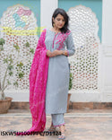 Handloom Cotton Kurti With Pant And Bandhani Printed Cotton Silk Dupatta-ISKWSU1007PPC/D1324