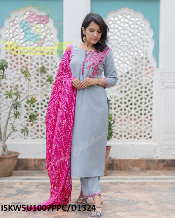 Handloom Cotton Kurti With Pant And Bandhani Printed Cotton Silk Dupatta-ISKWSU1007PPC/D1324