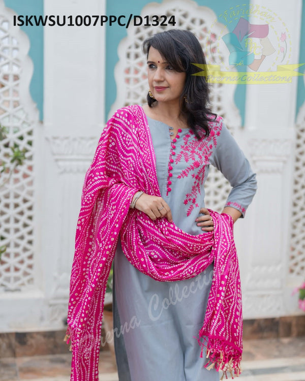 Handloom Cotton Kurti With Pant And Bandhani Printed Cotton Silk Dupatta-ISKWSU1007PPC/D1324