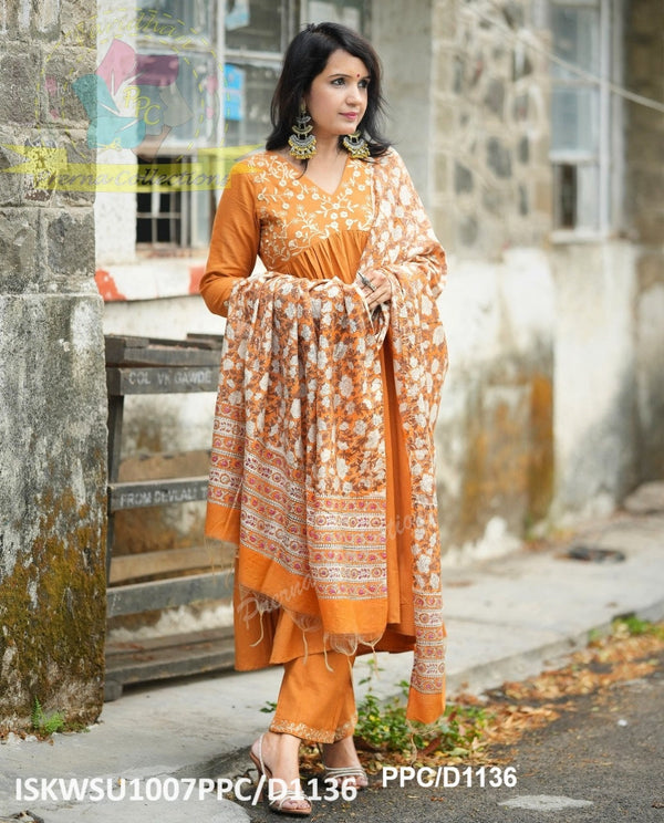 Handloom Kurti With Pant And Hand Block Printed Chanderi Dupatta-ISKWSU1007PPC/D1136